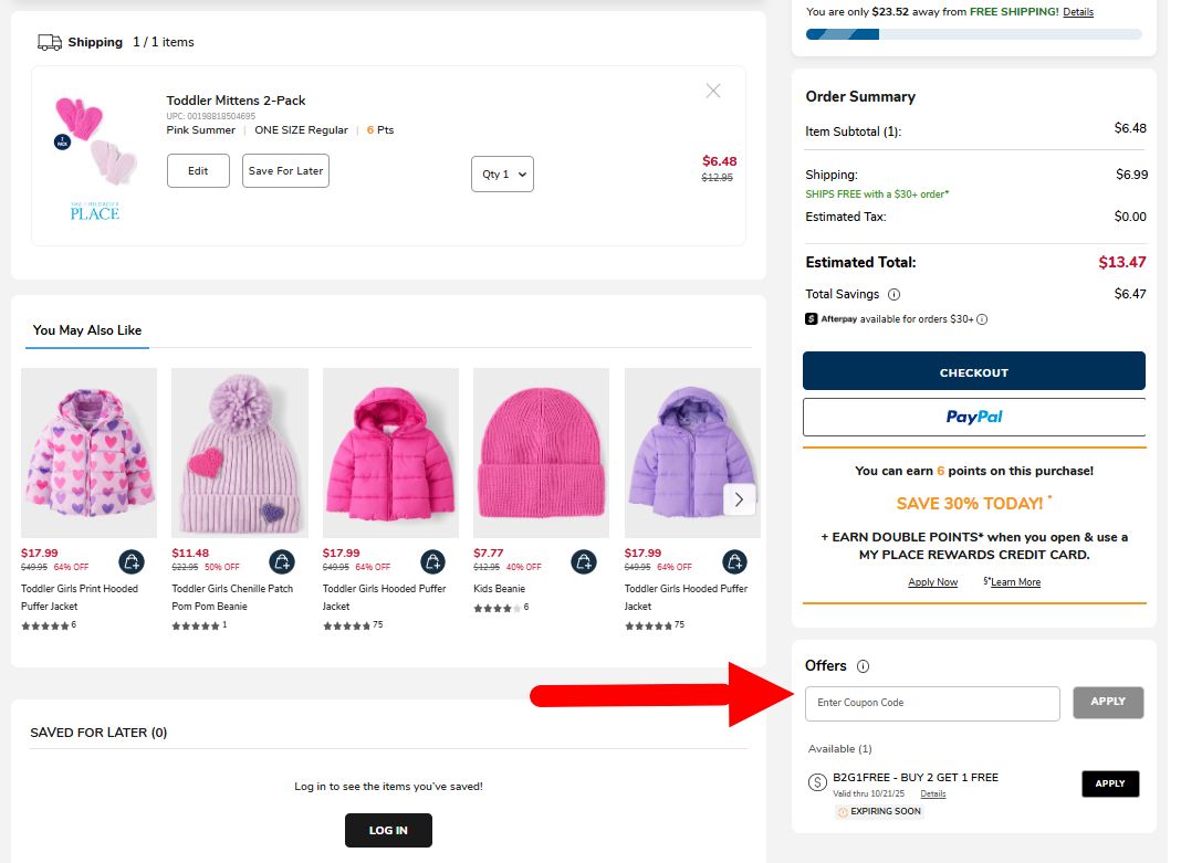 “How to apply a The Children's Place promo code”